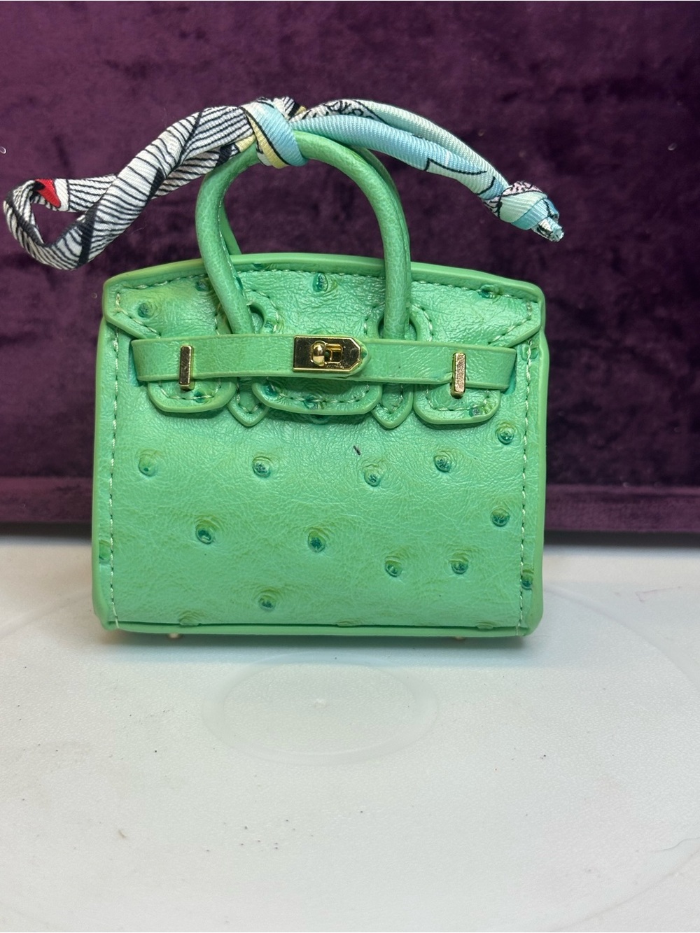 Mini Bag Charm Mint Green Ostrich Embossed Gold Hardware